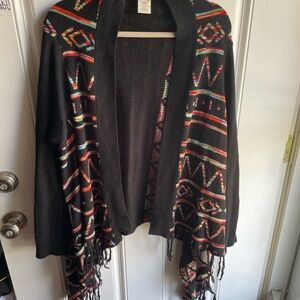 Faded Glory Black Open-Front Poncho Cardigan with Multicolor Aztec Trim